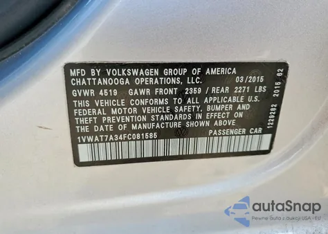 2015 Volkswagen Passat S z USA, uszkodzony, nr VIN 1VWAT7A34FC081585